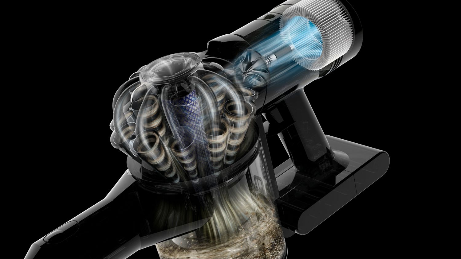 A cutaway of the filter in the Dyson Car+Boat handheld vacuum cleaner.